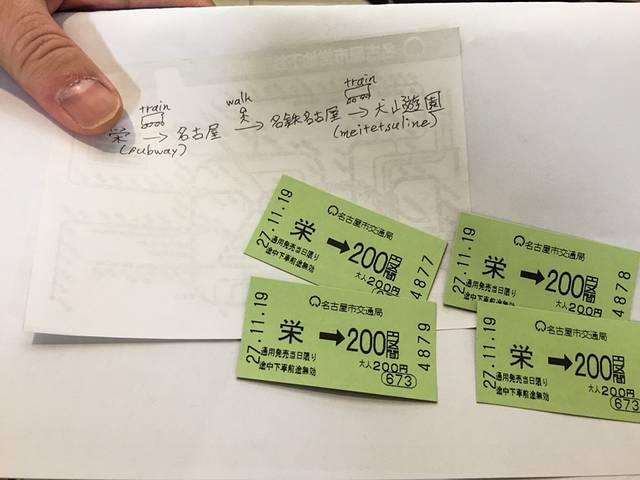 站务员手绘路线图和名古屋市内地下铁单次车票.