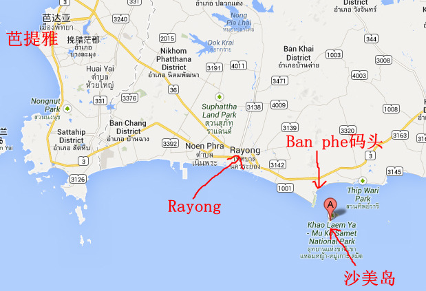 芭提雅,rayong,ban phe码头,沙美岛位置示意图图片