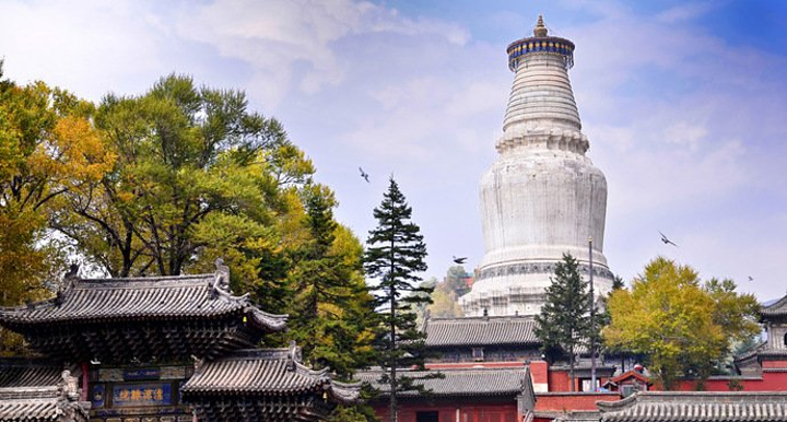 塔院寺是五台山著名的五大禅处之一。塔院寺有五台山的标志性建筑——大白塔,通体洁白,塔顶上悬有两百多个铜铃,声音清脆悦耳,座塔拔地而起,凌空高耸,大白塔也是朝圣佛教信徒心目中的偶像。香客多绕行白塔还愿,一边走一边念经或叩头,一边抚转法轮。蒙藏族佛教徒到五台山,首先要朝拜“塔院寺五圣迹”的第一圣迹,就是大白塔。