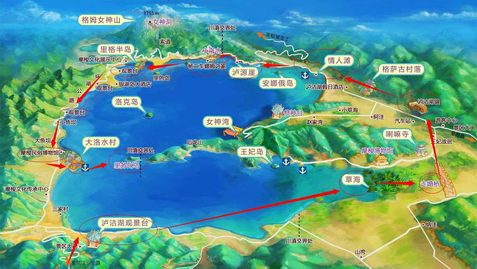 来自百度的泸沽湖全景地图,我们自驾环湖路线的景点都能在上面找得到