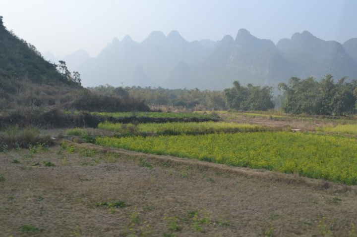 "沿着乡间小道一路行驶，看上去十分自然和谐。远处的山峰层层叠起，这里的漓江又十分宽阔，清澈并不深_草坪乡"的评论图片