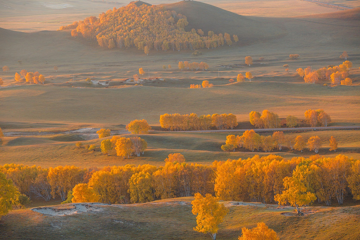 敖包吐前山的地势比较开阔在山顶望去丘陵疏林风景独特层层叠叠的树林