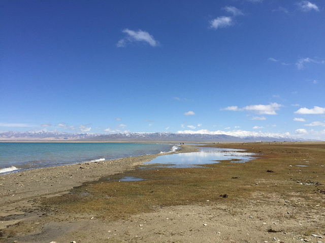 "...是一颗坠落的明珠，晶莹剔透，似一条长长蓝色玉带镶嵌在水天之间，远看像高出了地平线许多，非常神奇_青海湖景区"的评论图片