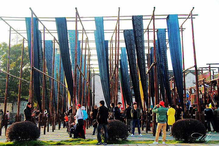 着密密麻麻的高杆和阶梯式晒布架,规模非常庞大_草木本色染坊"的