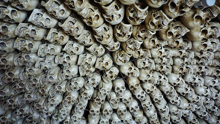 天葬台的正中间内部排满了密密麻麻的骷髅头,据说是之前天葬后收集