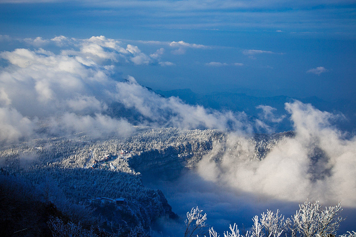 隐约可见远处的雪山,和云雾下的山川雪松,茫茫云海,大自然如此神奇