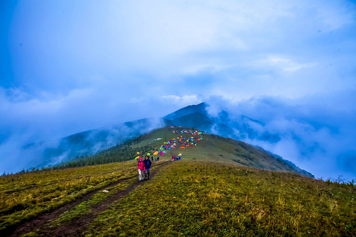 "最好穿登山鞋、速干衣裤，并备用冲锋衣。门票：无最佳季节：每年的 5-9 月；两峰之间是宽阔的草甸_海坨山"的评论图片