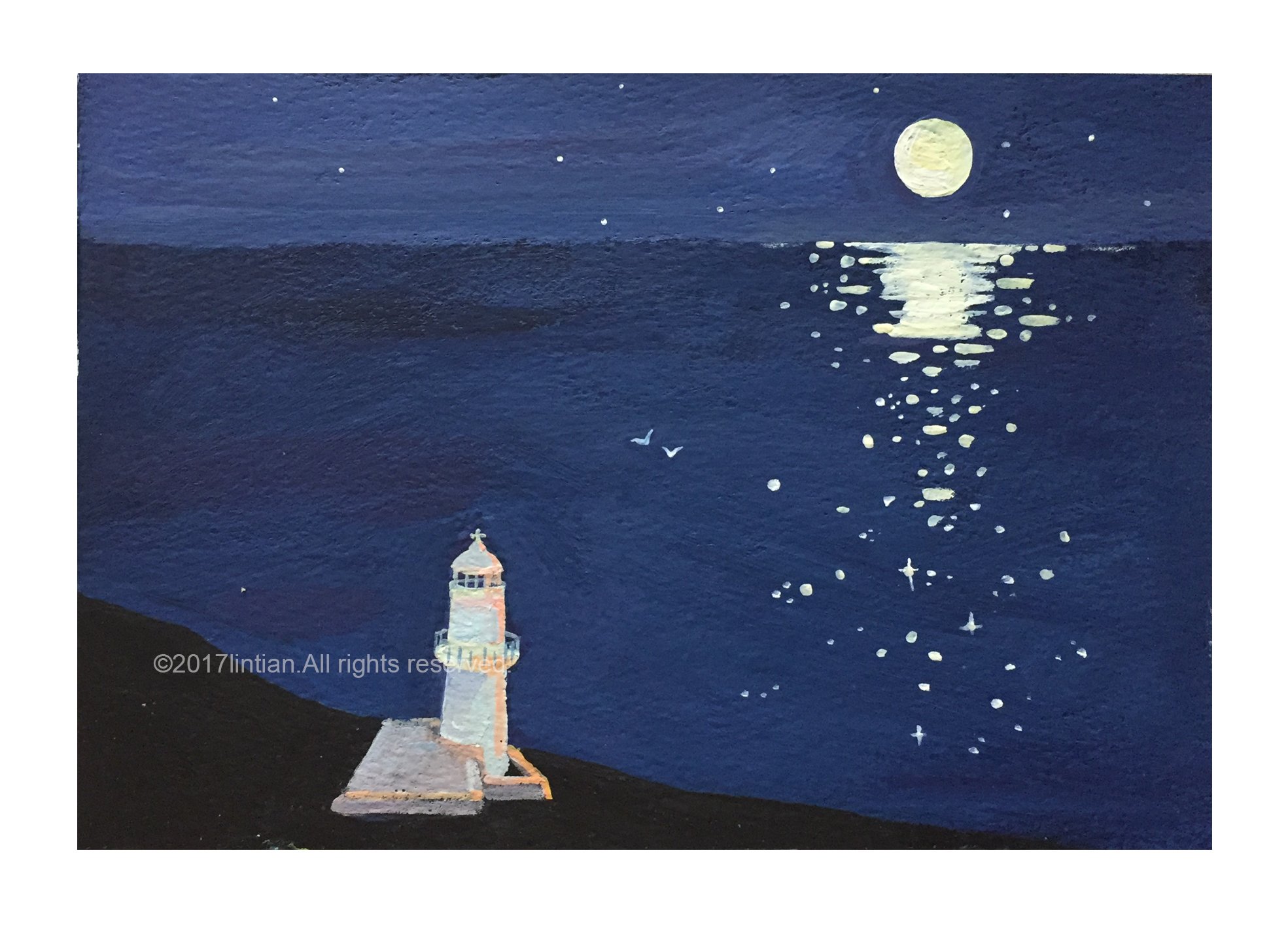 凭着想象画了一幅灯塔夜晚的风景,喜欢这孤独苍茫的意境.