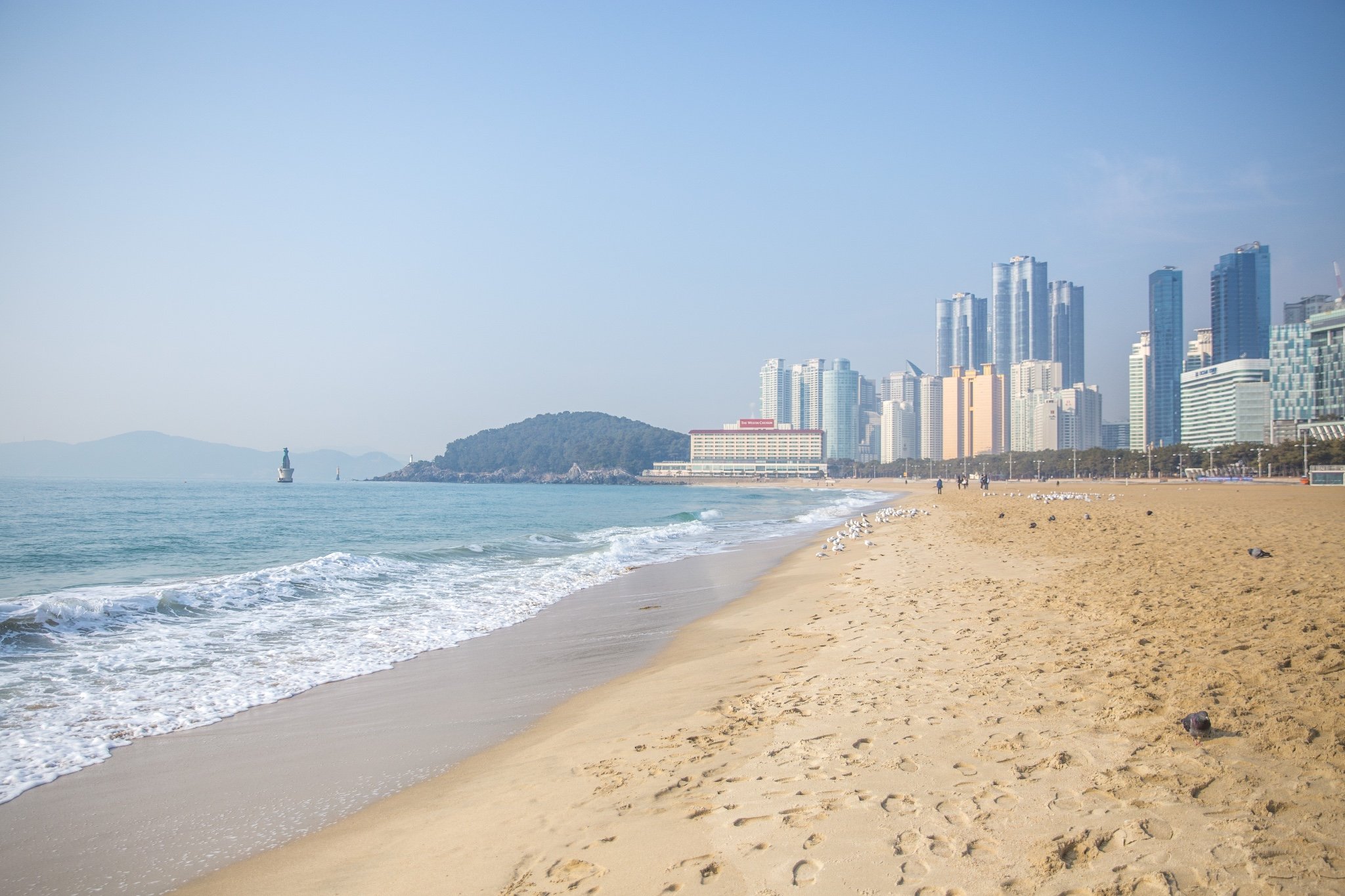清晨的海云台依旧游人不多,清冷潮湿的海风混杂在空气中.