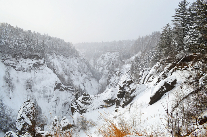 有松树,雪景,木屋,天空的地带,当然还有清新的空气_长白山大峡谷&quot