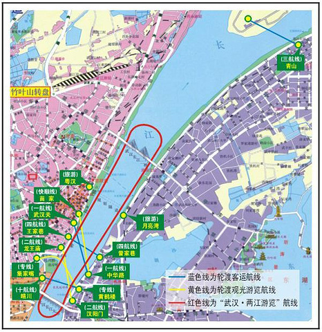 就到了江边,江边有两个码头分别到汉阳晴川阁和汉口江汉关(离江汉路很