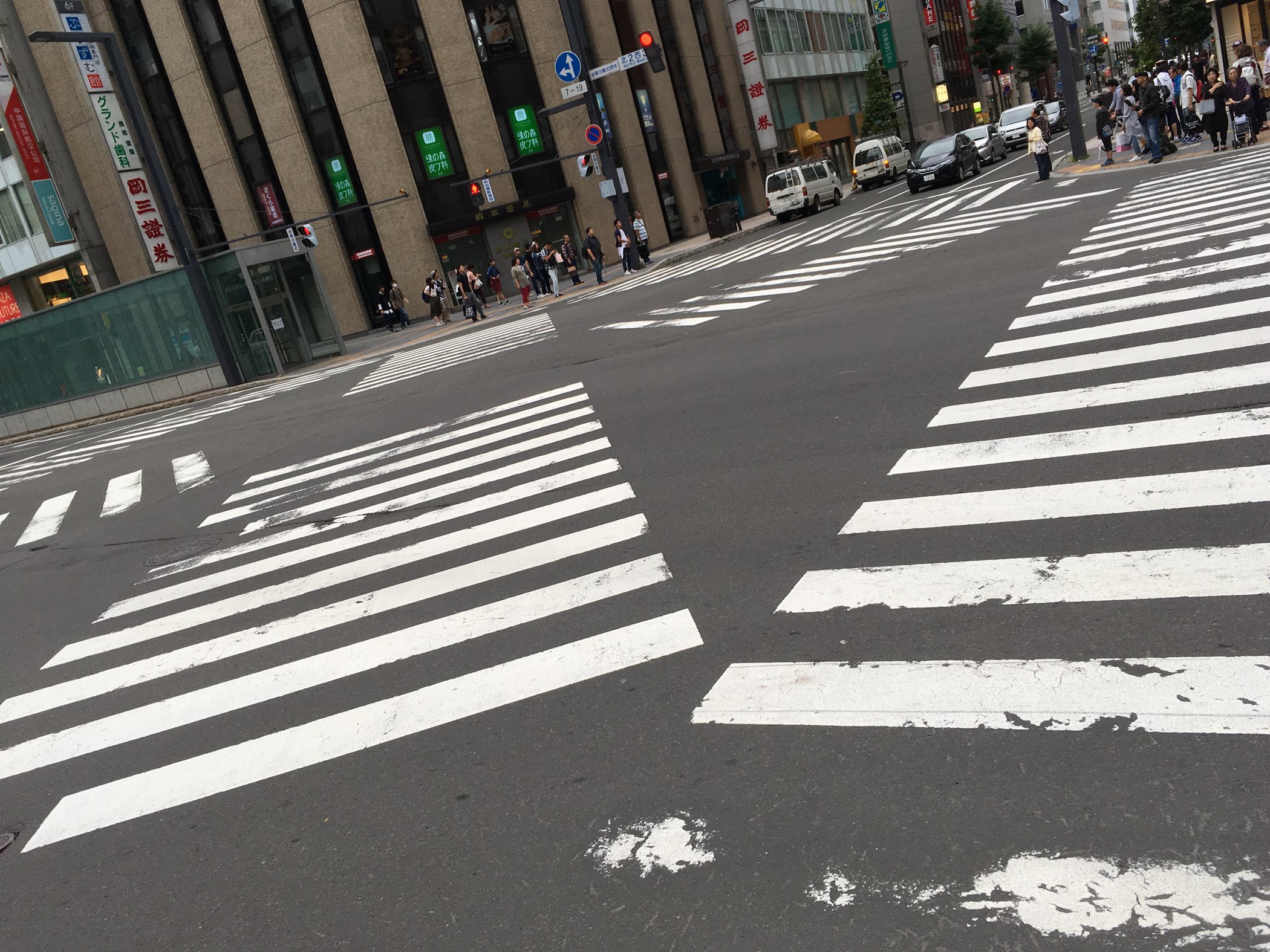 交错的斑马线,想到了涉谷过马路,发现北海道神宫的石碑.
