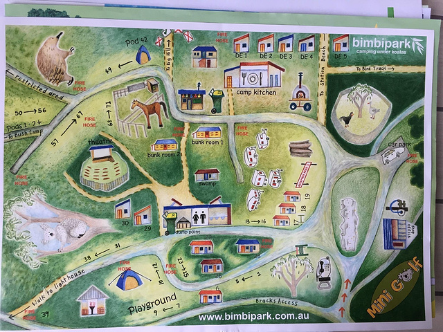 bimbippark营地地图,车位基本可以随便停,公共厕所和厨房有一定距离